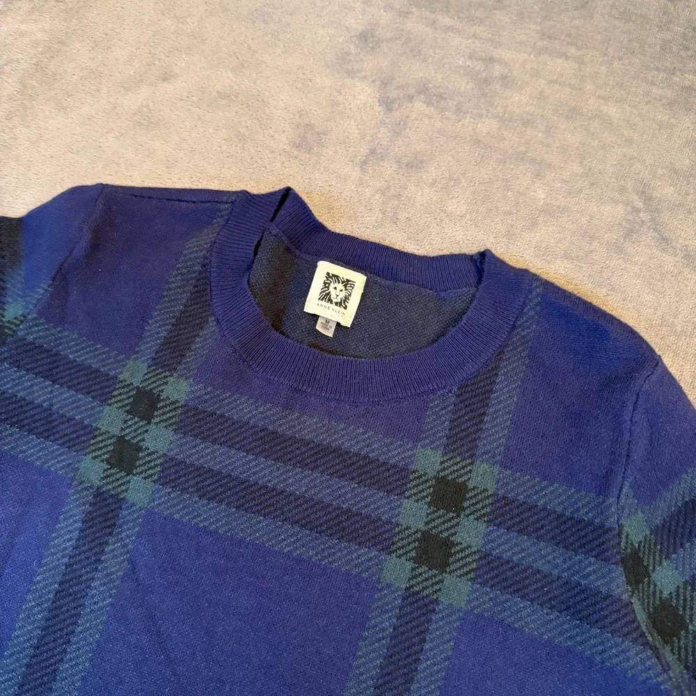 Anne Klein Plaid Mixed Media Sweater Womens Medium Blue‎ Layered Look Crew Neck